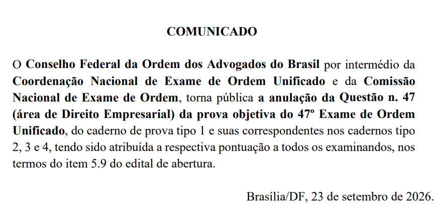 Questão de Direito Empresarial é anulada na prova OAB 47